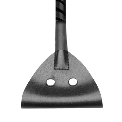 Close-up of black vegan leather tip of e-stim crop with two metal conductive buttons and textured handle.