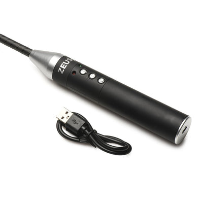 Black and silver e-stim crop handle with control buttons and USB charging cable on white background