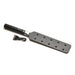 Black e-stim paddle with ten metal spikes on one side, ergonomic handle with control buttons, and USB charging cable.