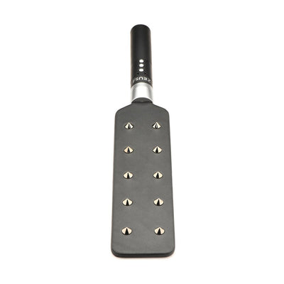 Black e-stim paddle with 10 metal spikes on one side and a smooth handle with control buttons.