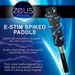 Black double-sided e-stim paddle with metal spikes and sturdy handle, shown with electric blue sparks on blue background.