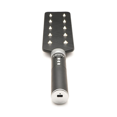 Black e-stim paddle with 10 metal spikes on one side and a rechargeable handle with control buttons.