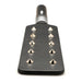 Black vegan leather paddle with two rows of metal spikes and a handle, designed for e-stim play.