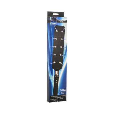 E-stim Spiked Paddle in black vegan leather with metal spikes, shown in retail packaging with control buttons and branding.