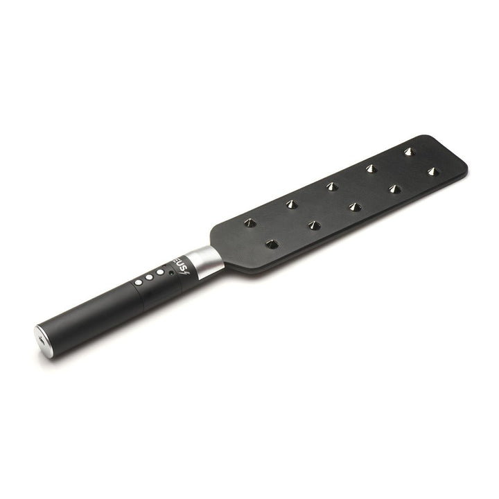 Black e-stim paddle with ten metal spikes on one side and control buttons on the handle, designed for sensation play.