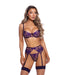 Shimmering Floral Embroidered Underwire Bra, Panty, & Garter Straps - Purple SM
