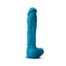 Blue 10-inch realistic silicone dildo with textured surface and suction base for hands-free use.