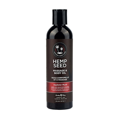 Bottle of Earthly Body Hemp Seed Massage and Body Oil in Kashmir Musk scent, 8 oz with black and brown label.