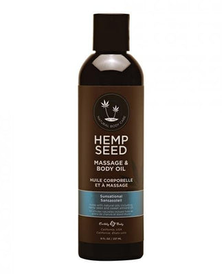 Bottle of Earthly Body Hemp Seed Massage and Body Oil with natural body care label and blue accent band.