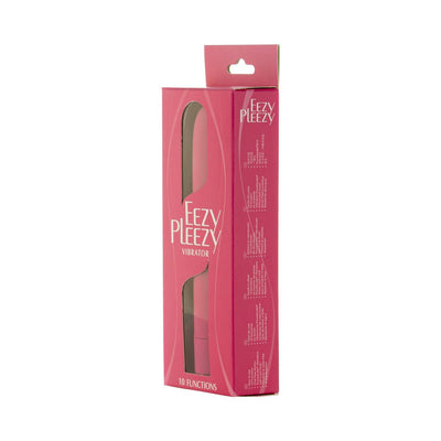 Pink Easy Pleezy bullet vibrator in slim packaging with clear window and 10 vibration functions text.