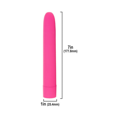 Pink bullet vibrator with smooth finish, measuring 7 inches long and 1 inch wide, shown with size dimensions.