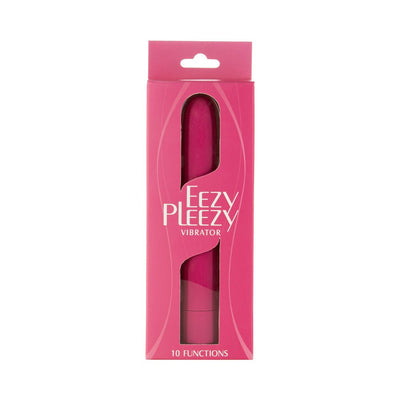 Pink Easy Pleezy bullet vibrator in branded packaging with window showing the product inside and 10 functions label.