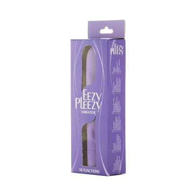 Purple Easy Pleezy bullet vibrator in sleek purple packaging highlighting 10 vibration functions and easy one-button use.