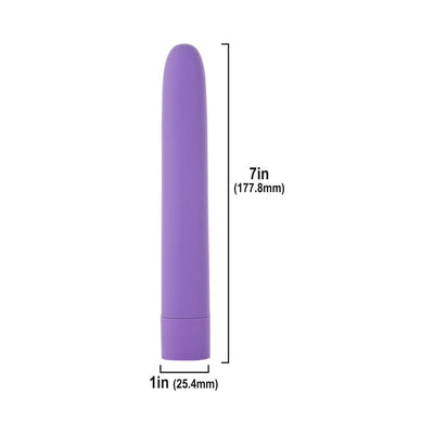 Purple Easy Pleezy vibrator with smooth finish, measuring 7 inches long and 1 inch wide.