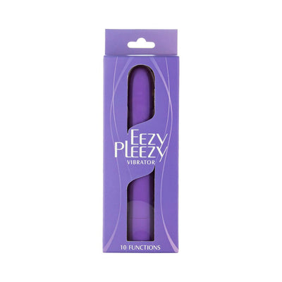 Purple Easy Pleezy vibrator in purple packaging with window showing product and 10 vibration functions text
