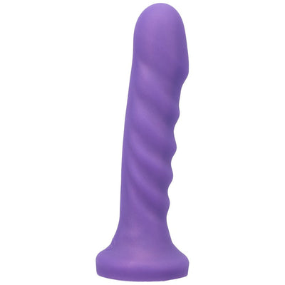 Midnight purple silicone vibrator with a rounded tip and textured spiral shaft, standing upright on a flat base.