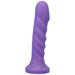 Midnight purple silicone vibrator with a rounded tip and textured spiral shaft, standing upright on a flat base.