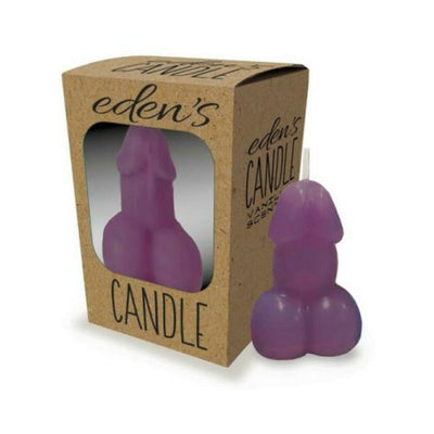 Purple vanilla-scented candle shaped with artistic detail, displayed next to its eco-friendly Eden's branded packaging.