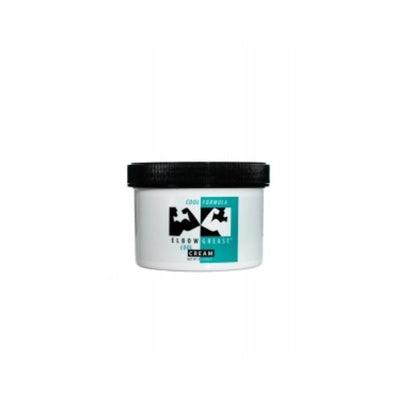 White jar of Elbow Grease Cool Cream sensual lubricant with black lid and teal label detailing cooling formula.