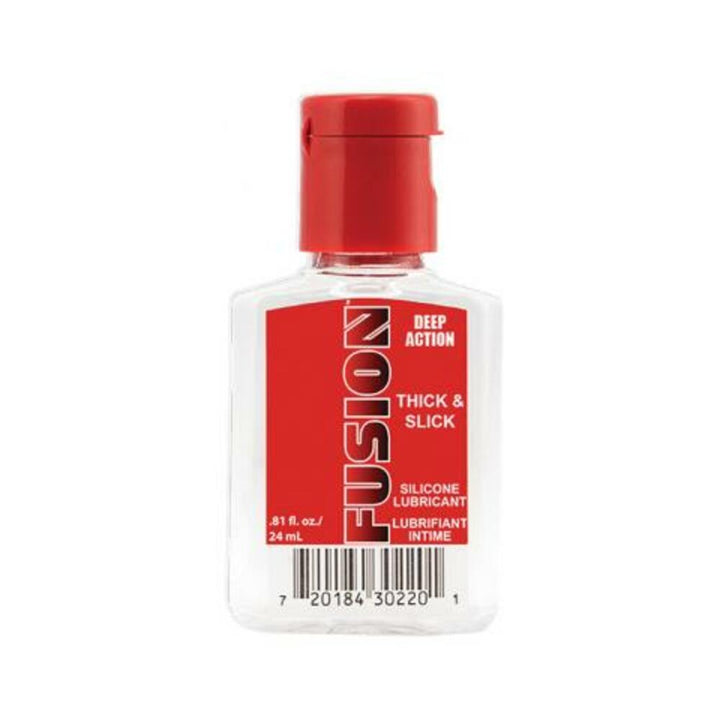 Small clear bottle of Fusion Deep Action thick and slick silicone lubricant with red label and cap