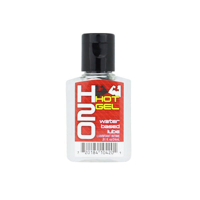 Small clear bottle of Elbow Grease H2O Hot Gel water-based lubricant with black flip cap and red label.