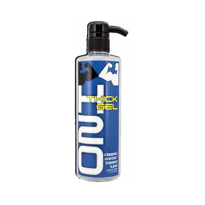 Bottle of Elbow Grease H2O Thick Gel water-based lubricant with pump dispenser and blue label.