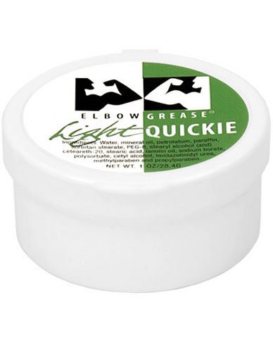Small white jar of Elbow Grease Light Quickie lubricant cream with green and black label design