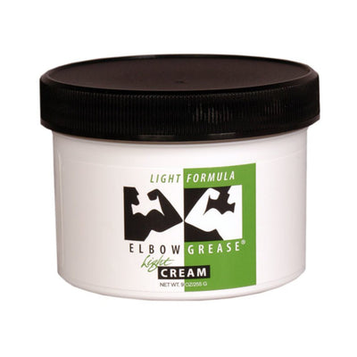 Container of Elbow Grease Light Cream lubricant with black lid and green and black label design.