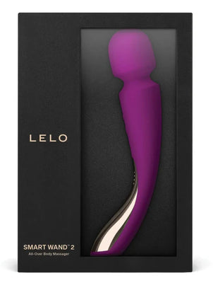 Purple LELO Smart Wand 2 medium-sized all-over body massager in black presentation box with gold accents.