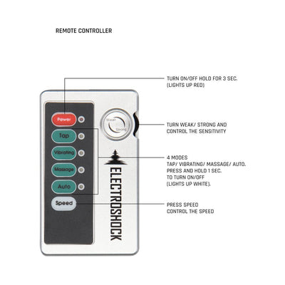 Electroshock remote controller with labeled buttons for power, tap, vibrating, massage, auto modes, and speed control dial.
