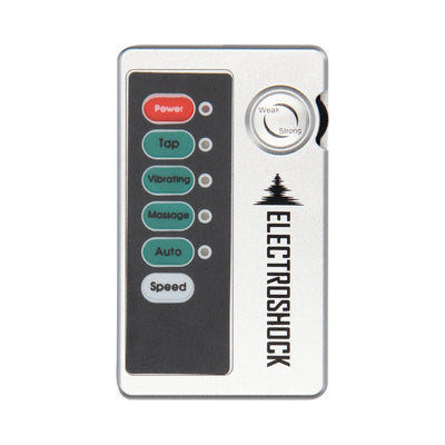 Silver remote control for Electroshock Nipple Twisters with power, tap, vibrating, massage, auto, and speed buttons.