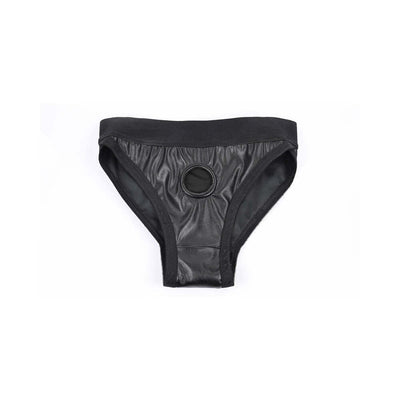 Black patent leather fit harness brief with circular front opening and elastic waistband, small size.