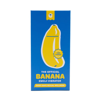 Blue box packaging of the official Banana Emoji Vibrator with USB charge and body-safe sexual wellness label.