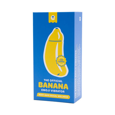 Blue packaging box for the Official Banana Emoji Vibrator with USB charge and body-safe sexual wellness label.