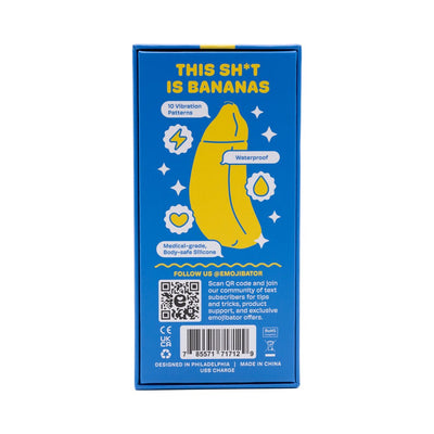 Blue product packaging for Emojibator Banana USB with banana graphic and features like 10 vibration patterns and waterproof design.