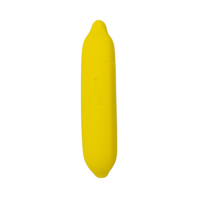 Compact yellow silicone vibrator shaped like a banana with a smooth, rounded design.