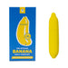 Yellow banana-shaped vibrator next to blue packaging box labeled Official Banana Emoji Vibrator USB charge.