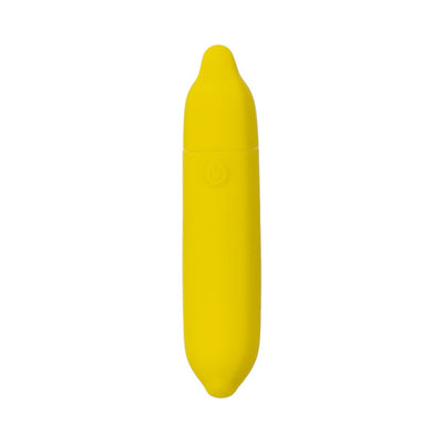 Compact yellow banana-shaped vibrator with smooth silicone finish and power button on front.