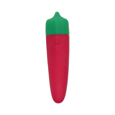 Compact red and green chili pepper-shaped vibrator with power button, made from smooth silicone.