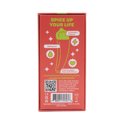 Back of Emojibator Chili Pepper USB packaging highlighting 10 vibration patterns, waterproof, and body-safe silicone features.