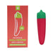 Chili Pepper Emojibator USB rechargeable vibrator with red body and green tip next to its matching red and green packaging box.
