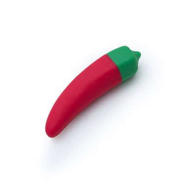 Compact red and green chili pepper-shaped vibrator made from smooth silicone with a flexible tip.