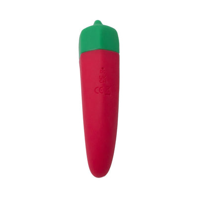 Compact red and green chili pepper-shaped personal massager with smooth silicone finish and USB charging port.