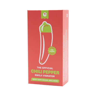 Packaging box of the Chili Pepper Emoji Vibrator with USB charge and body-safe sexual wellness label.