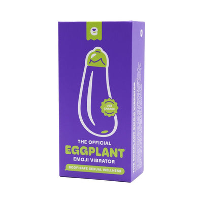 Purple box packaging of the Official Eggplant Emoji Vibrator with USB charge and body-safe sexual wellness label.
