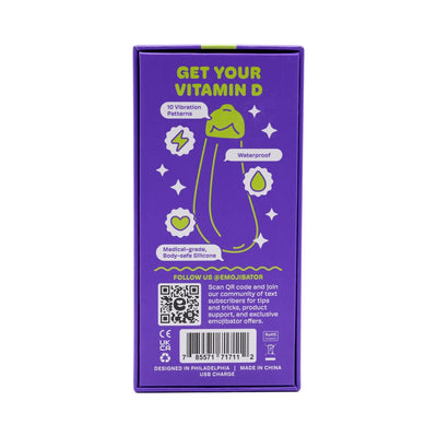 Purple Emojibator Eggplant USB packaging highlighting 10 vibration patterns, waterproof, and medical-grade silicone features.