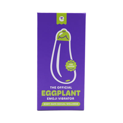 Purple packaging box for the Official Eggplant Emoji Vibrator with USB charge and body-safe sexual wellness label.