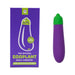 Purple eggplant-shaped vibrator with green top next to matching purple box featuring eggplant emoji design and USB charge label.