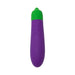 Purple and green eggplant-shaped USB rechargeable silicone vibrator with smooth finish and playful design.