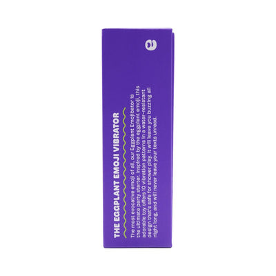 Purple packaging box for the Emojibator Eggplant vibrator with product description text on the side.